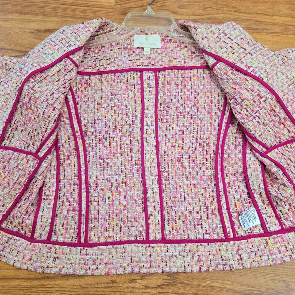 Etcetera Fringe Tweed Jacket Size 2 Zip Front Barbie Pink Tones Office old money - Picture 10 of 12